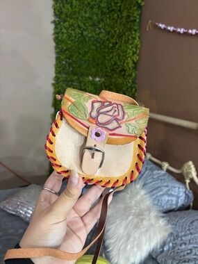 Handcrafted Floral Embroidered Leather Crossbody Bag - Pink, Yellow & Natural